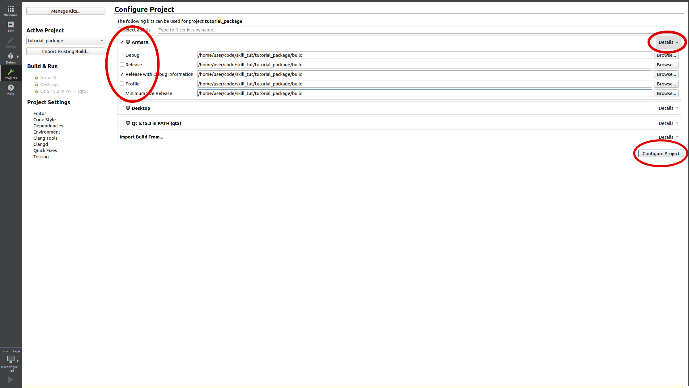 Project configuration: Select the configuration kit, click on the drop down menu 'Details' and deselect all boxes except 'Release with Debug Information'.