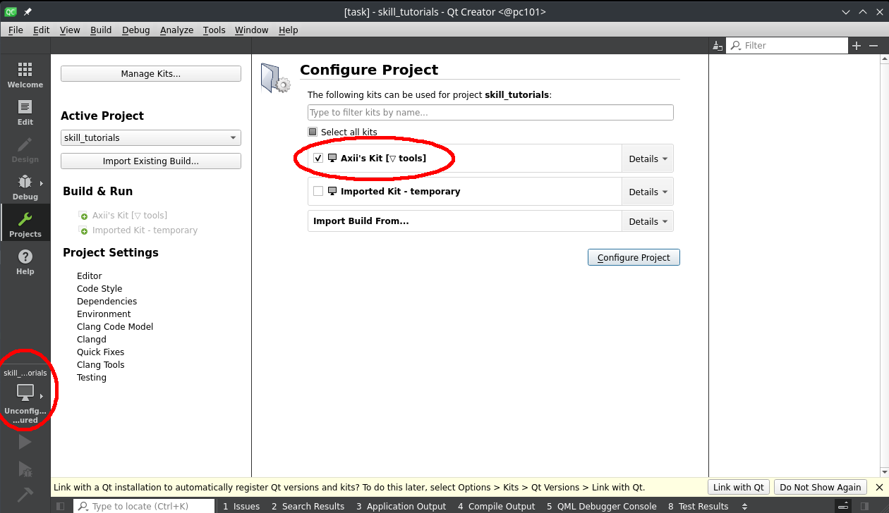 Project configuration on lab pc's: Select the Axii configuration kit. Pay attention to select 'Release with Debug Information' on the left side.