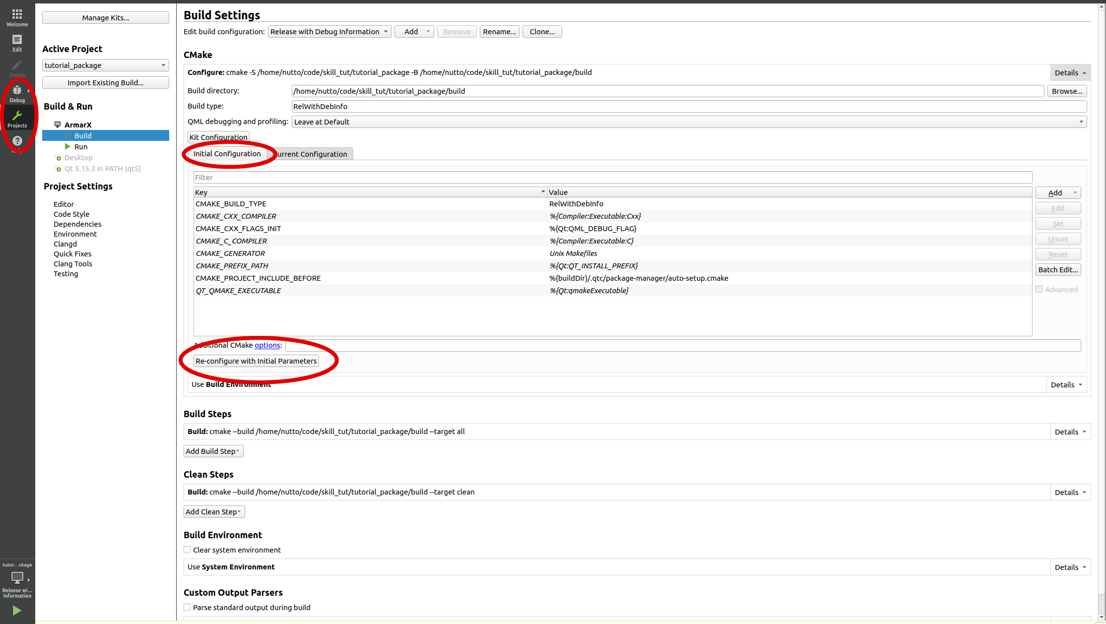 Reconfiguring the project: Navigate to the 'Projects'-menu, select 'Initial Configurattion' and click 'Re-configure with Initial Parameters.'
